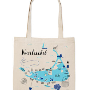 Canvas tote bag featuring a blue Nantucket map design.