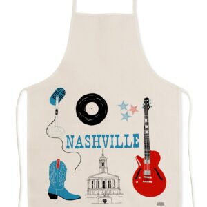 White apron featuring Nashville-themed graphics and text.