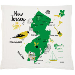 Decorative pillow with a whimsical New Jersey map and landmarks.