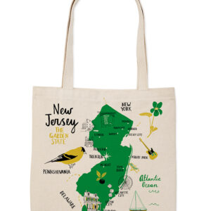 A tote bag featuring a green map of New Jersey with landmarks.