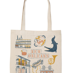 A New Orleans-themed tote bag featuring iconic landmarks and symbols.