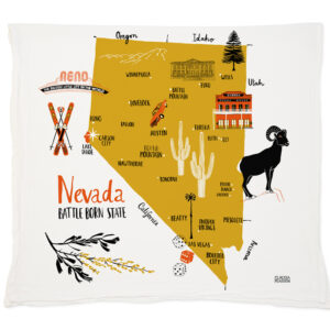 Illustrated map of Nevada with landmarks and wildlife icons.