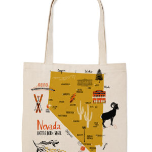 Tote bag featuring a colorful Nevada state map with icons and landmarks.