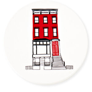 Illustration of a red townhouse with stairs and a phone booth.