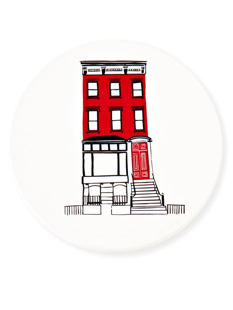 Illustration of a red townhouse with stairs and a phone booth.