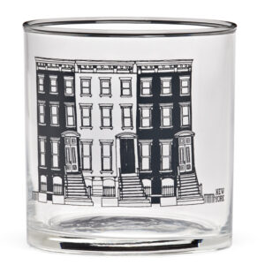 Clear glass with black illustration of three townhouses.