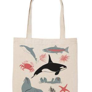 Canvas tote bag with marine animal illustrations.