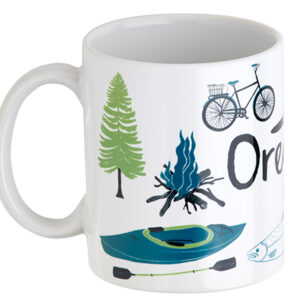 White mug with outdoor adventure illustrations.