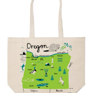 Tote bag featuring a colorful illustrated map of Oregon with landmarks and icons.