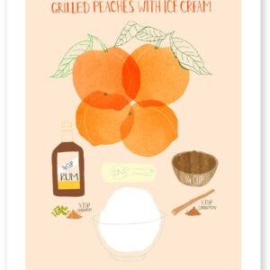 Illustration of ingredients for apricot cake with an apricot flower and recipe elements.
