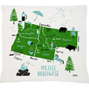 Decorative pillow featuring a whimsical map of Maine with nature icons and landmarks.