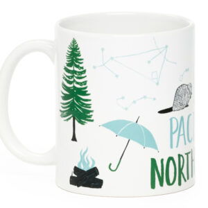 A white mug with a campfire, tree, umbrella, and snail design.