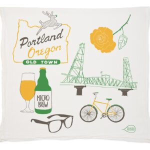 Illustration of Portland icons including a bridge, bike, glasses, beer, and flower.