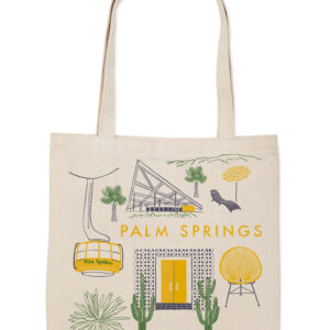 Beige tote bag with colorful Palm Springs design and illustrations.