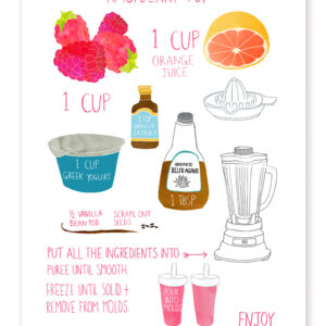 Illustration of a mimosa cocktail recipe with ingredients and instructions.