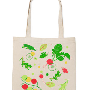 Canvas tote bag with colorful vegetable illustrations.