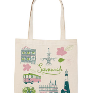 Beige tote bag with colorful illustrations of Japanese landmarks and symbols.
