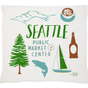 A Seattle-themed towel with iconic landmarks and symbols.