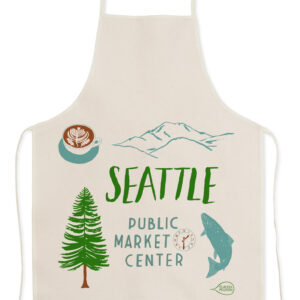 A white apron with Seattle Public Market Center design.