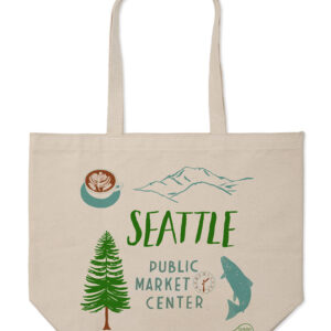 Canvas tote bag with Seattle-themed designs and text.