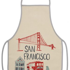 Beige apron featuring San Francisco landmarks and Golden Gate Bridge illustration.