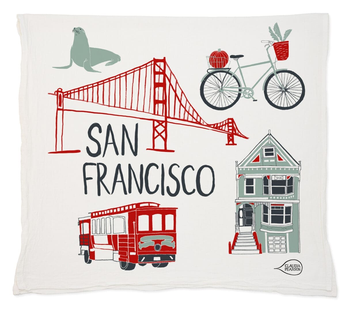Illustration of San Francisco icons including Golden Gate Bridge, cable car, bicycle, and Victorian house.