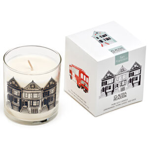 Scented candle in a glass holder with London-themed illustrations and matching box.
