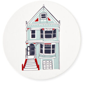 Illustration of a classic Victorian-style house with red stairs.