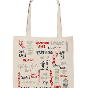 Tote bag with various international city names in different fonts and colors.