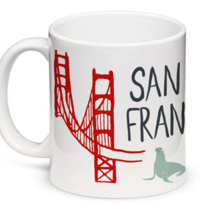 White mug with San Francisco and Golden Gate Bridge design.