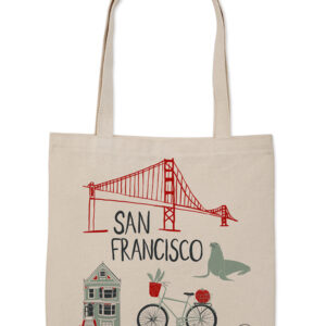 Beige tote bag with San Francisco design and iconic landmarks.