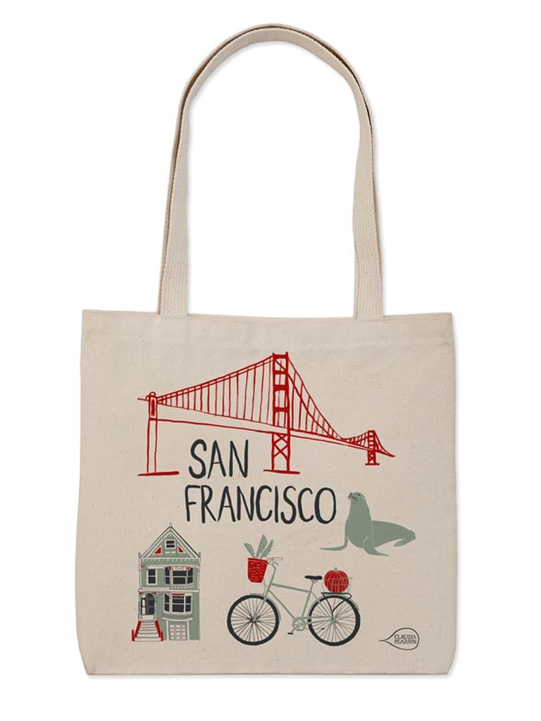 Beige tote bag with San Francisco design and iconic landmarks.