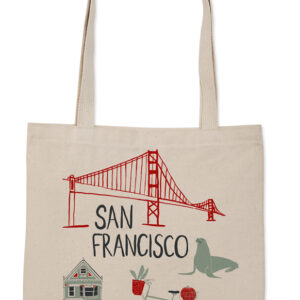 Beige tote bag featuring San Francisco with iconic landmarks in red and green.