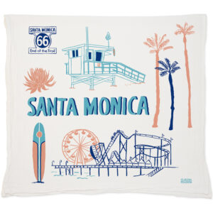 Decorative pillow with Santa Monica theme and beach illustrations.