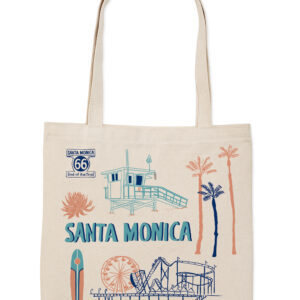 Canvas tote bag with Santa Monica print and palm trees.