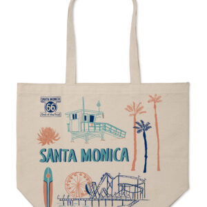 Beige tote bag with Santa Monica design and palm trees.