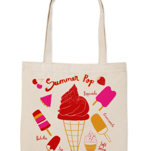 Canvas tote bag with colorful ice cream cone illustrations and summer text.