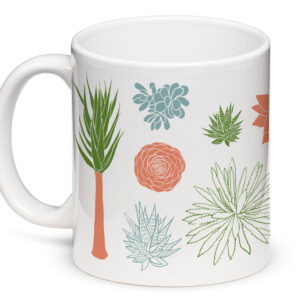 White mug with colorful botanical illustrations of various plants.
