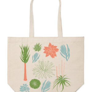Beige tote bag with colorful botanical prints.