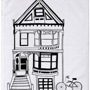 Black and white sketch of a three-story house with a bicycle outside.