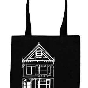 Black tote bag with white line art of a Victorian-style house.