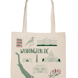 Beige tote bag with Washington DC landmarks and map illustration.