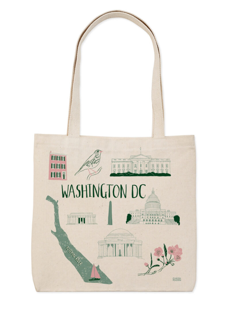 Beige tote bag with Washington DC landmarks and map illustration.
