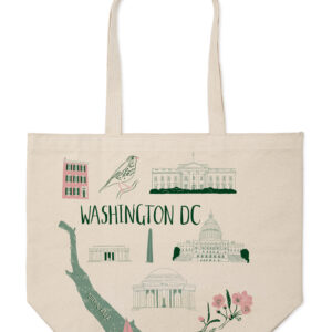 Beige tote bag with Washington DC landmarks and text design.