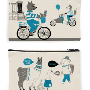 Two canvas pouches with playful animal illustrations on bikes and walking.