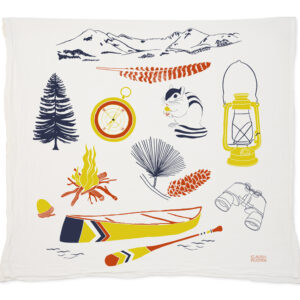 Illustrations of camping essentials like a lantern, canoe, marshmallows, and a campfire on a white background.