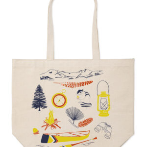 Canvas tote bag with colorful outdoor adventure illustrations.