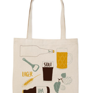 A tote bag with illustrated beer styles and glasses.