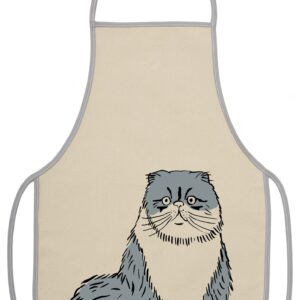 Beige apron with a cute gray cat illustration on the front.