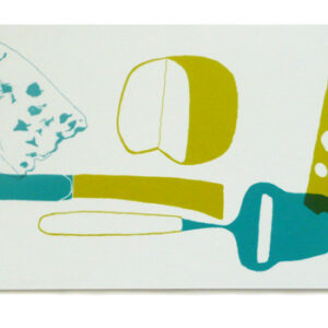 Assorted kitchen utensils and a block of cheese on a white background.